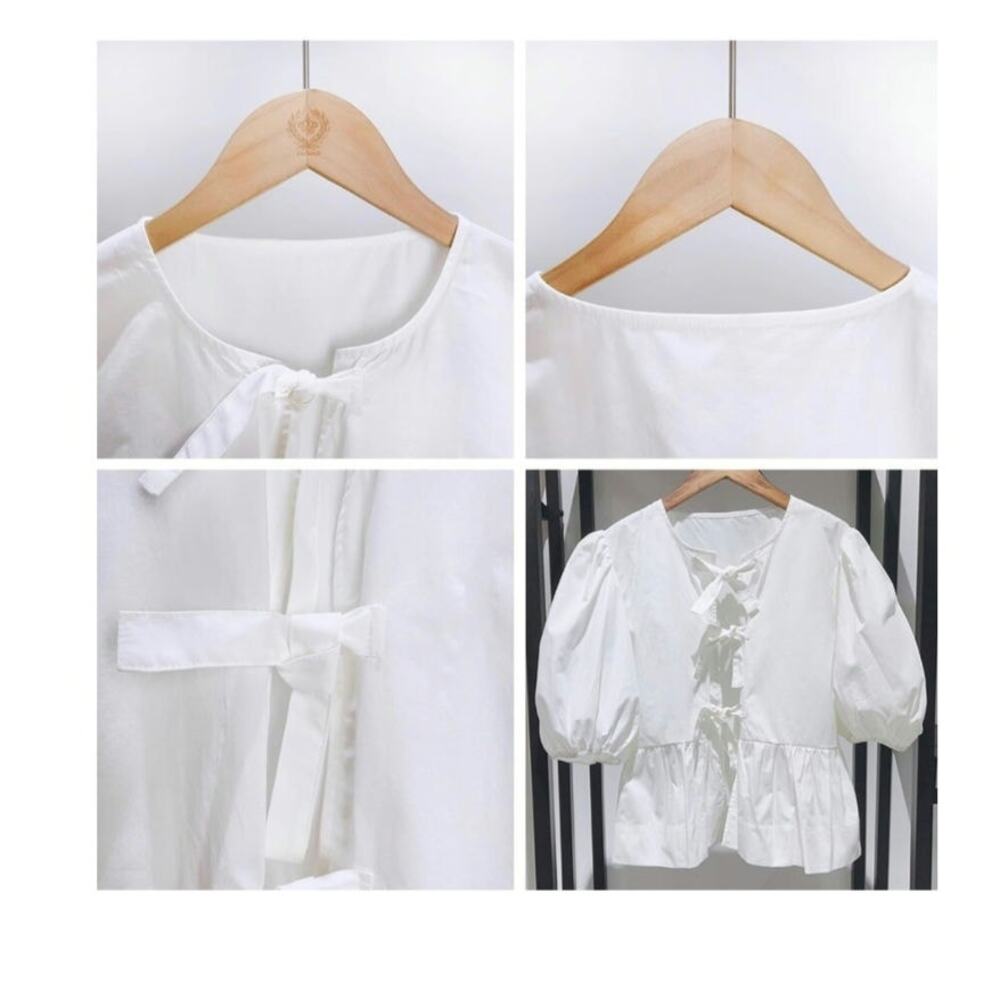 MANGMAO Shirt Womens Size Small Front Tie White Peplum Puff Sleeve 3/4 Length - Picture 2 of 8